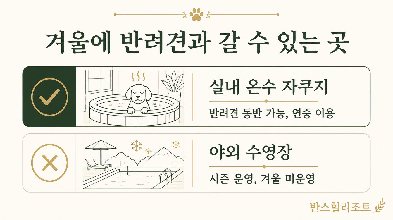 겨울 물놀이 이용 안내 도식 — 실내 자쿠지와 야외 수영장