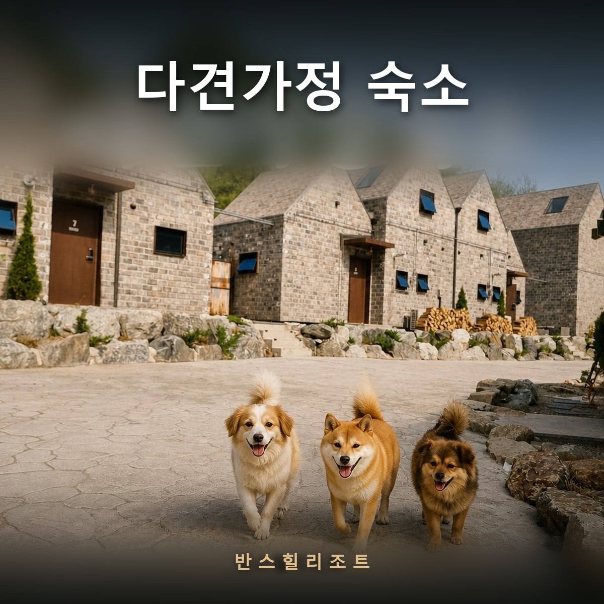 독채 마을 길을 함께 걷는 세 마리 반려견 — 다견가정 숙소 반스힐리조트