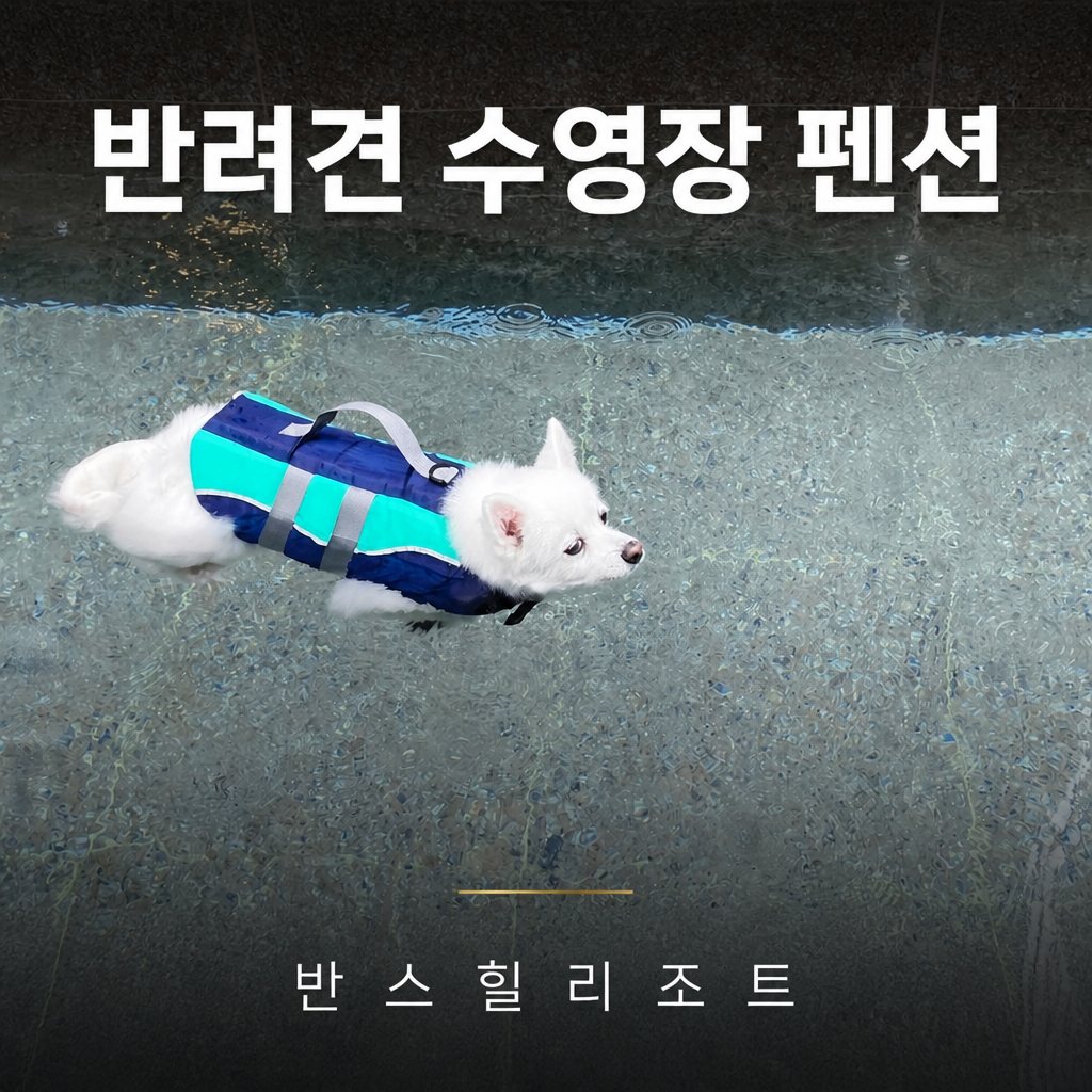 반려견 수영장 펜션 반스힐리조트 — 구명조끼를 입고 물에 들어간 반려견