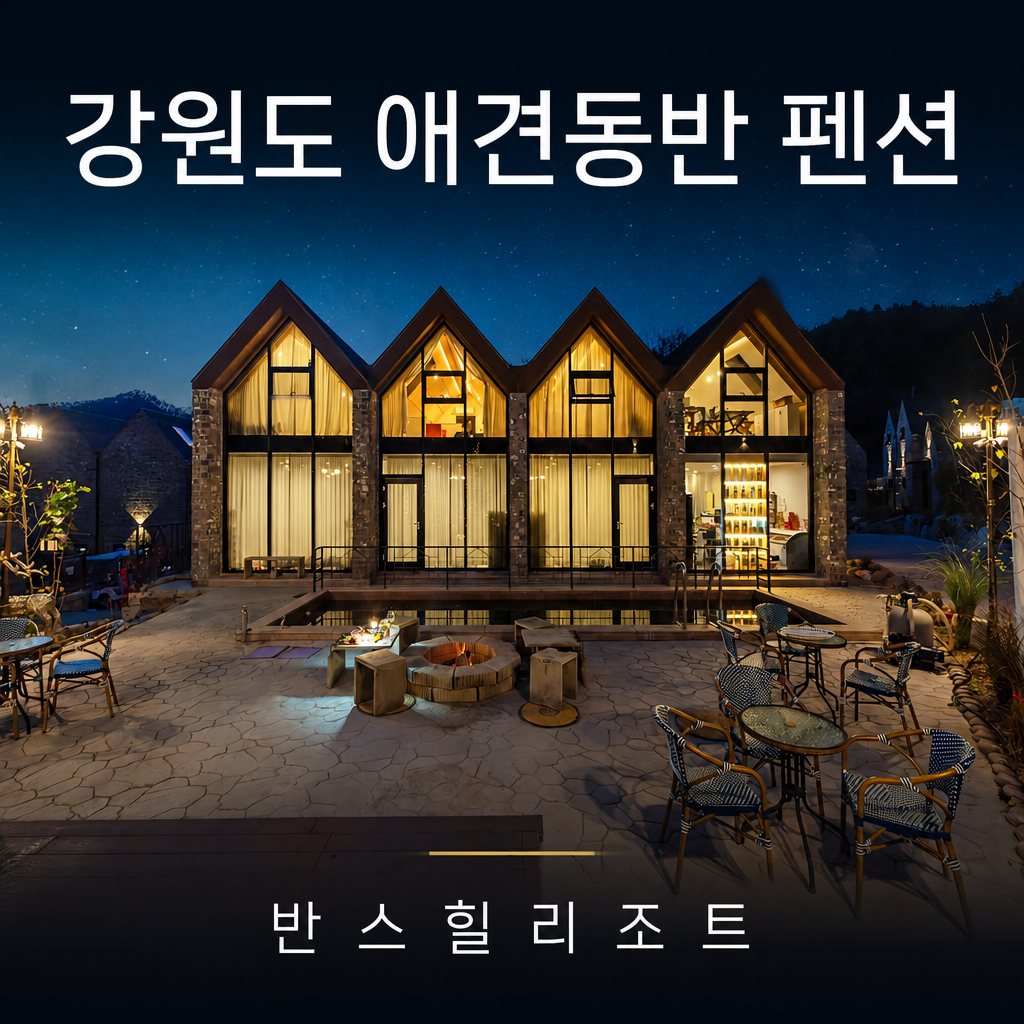 강원도 애견동반 펜션 반스힐리조트 — 야간 조명이 켜진 석조 독채 라인