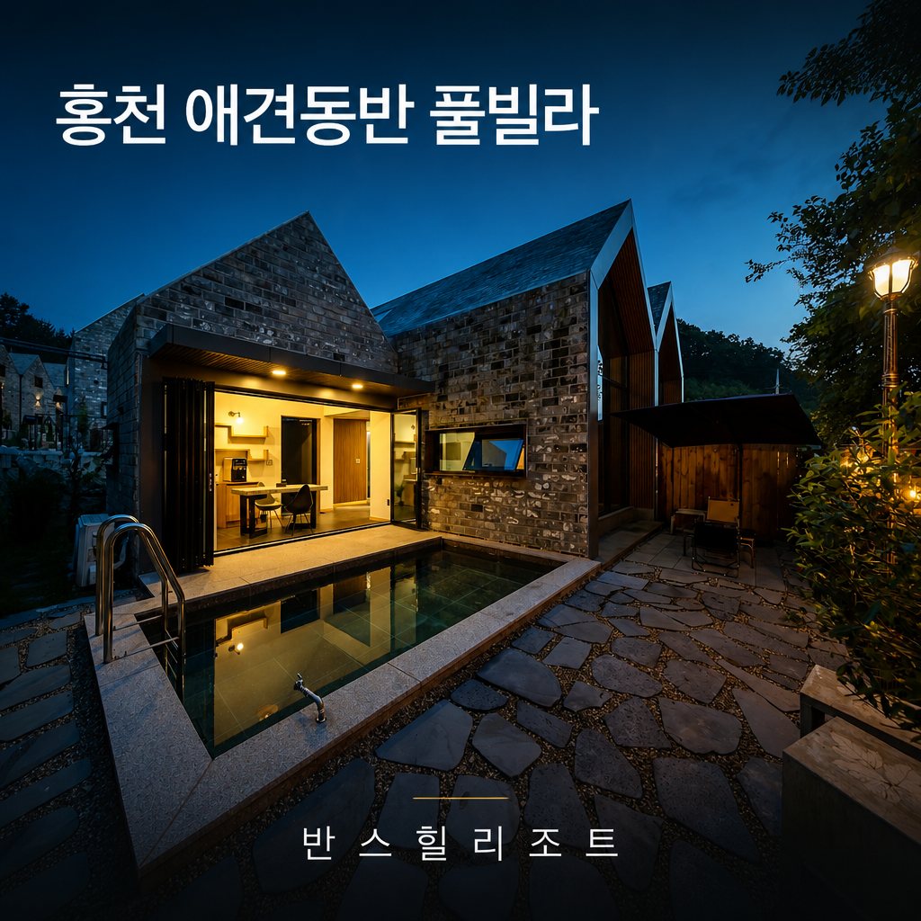 홍천 애견동반 풀빌라 반스힐리조트 — 야간 조명이 켜진 독채와 전용 수영장